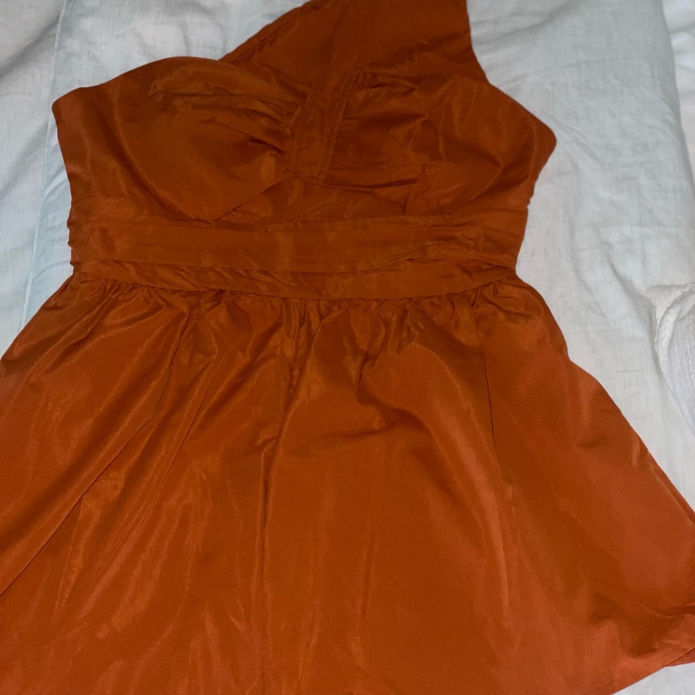 Chic One-Shoulder Rust Dress - Picture 5 of 5